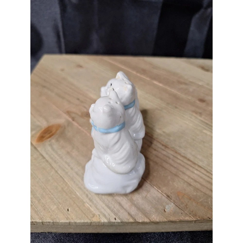 Vintage White Ceramic Cat Family Salt and Pepper Shaker Set Blue Bows 3 Piece
